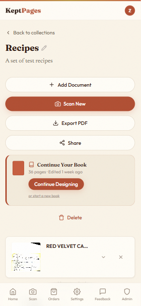 KeptPages collection view with Continue Your Book prompt card